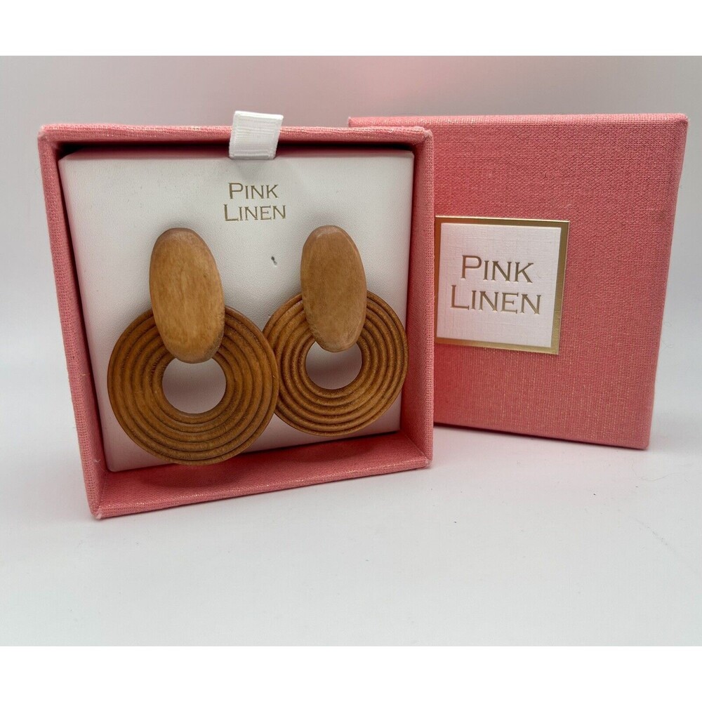 PINK LINEN Wood Engraved Circle Dangle Earrings New